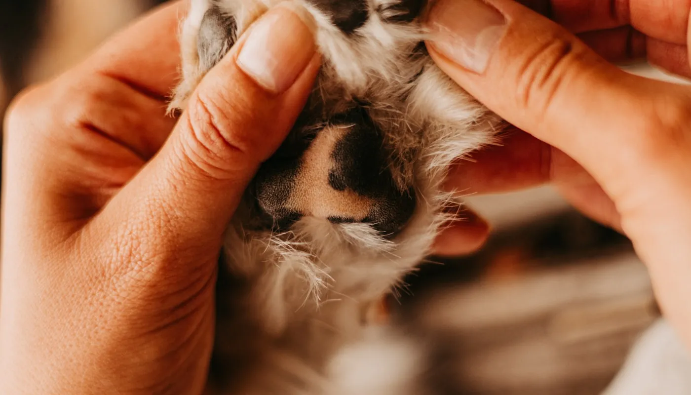 Una persona acariciando la pata de un perro